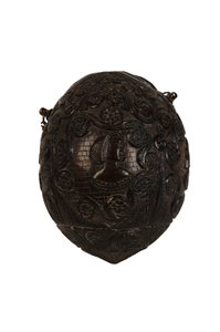 Geschnitzte Kokosnusspulverflasche, spanische Kolonialzeit, ca. 1800