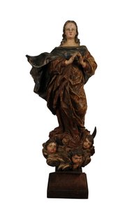 Geschnitzte Holzskulptur der Madonna der Unbefleckten Empfängnis, Spanien, ca. 1750 von Spanish School