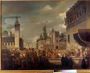 Christoph Kolumbus präsentiert indigene Völker Ferdinand II. und Isabella I. von Kastilien in Barcelona: die Präsentation der Bewohner Amerikas an die katholischen Könige durch den Entdecker Christoph Kolumbus (1451-1506). Gemälde von Garcia Ibanez von Spanish School