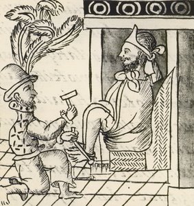 Codex der Eroberung Mexikos: Ausbruch des Krieges, Der Aztekenkaiser Montezuma in Ketten gelegt von Spanish School
