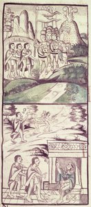 Kodex der Eroberung Mexikos: die Gesandten von Montezuma, oder Moctezuma II, Aztekenkaiser treffen die Spanier von Spanish School