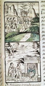 Codex der Eroberung Mexikos: die Gesandten von Montezuma, oder Moctezuma II, Aztekenkaiser, treffen die Spanier