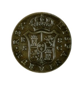 Münze von 8 spanischen Reales, kastilische Währung, geprägt in Sevilla während der Herrschaft von Karl IV. (1748-1819)