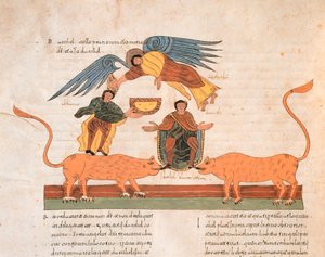 Daniel in der Löwengrube, aus der Westgotisch-Mozarabischen Bibel von St. Isidores, fol.325v., 960 n. Chr. (Tempera auf Pergament) von Spanish School