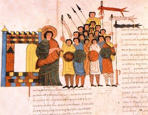 Abreise der Armee von König David in den Krieg, aus der Westgotisch-Mozarabischen Bibel von St. Isidores, fol.131v., 960 n. Chr. (Tempera auf Pergament)
