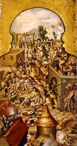 Darstellung der Gräueltaten während der Kämpfe um die Eroberung des Tempelmayors und des Zocalo-Platzes von Spanish School