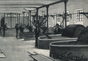 Wirtschaft (19. Jahrhundert). Papierfabrik in Spanien „La Guipuzcoana“. Zylindersaal und Wäscherei der Fabrik in Tolosa (Guipuzcoa). Gravur