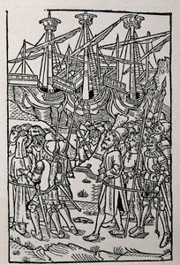 Kupferstich in Geschichte von Vespasian, gedruckt 1495 in Zaragoza (s/w Illustration) von Spanish School