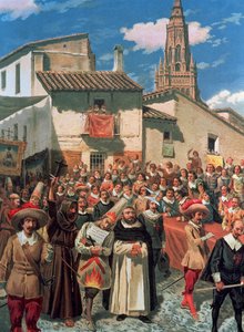Gefolge begleitet zwei Gefangene mit einem Priester, nachdem sie vom Gericht der Inquisition verurteilt wurden von Spanish School