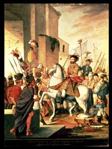 Einzug der triumphierenden Armee von Cortes in Tlaxcala nach dem Sieg von Otumba