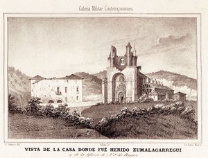 Erster Karlistenkrieg (1833-1840): Das Haus oder der Karlisten-General Tomas Zumalacarregui (1788-1835) wurde nach der Belagerung von Bilbao verletzt von Spanish School