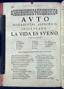 Erste Seite von La Vida es Sueno aus Los Autos Sacramentales von Pedro Calderon de la Barca (1600-81), herausgegeben von Juan Garcia Infanzon, 1690 (gedrucktes Papier) von Spanish School