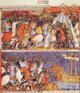 Fol.108r Die Trojaner greifen das griechische Lager an und setzen die griechischen Schiffe in Brand, aus dem Codex Benito de Santa Mora von Spanish School