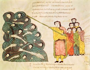 Moses schließt das Rote Meer über den Ägyptern, aus der Bibel Mozarabe