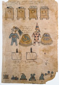 Folio 45 Seite aus dem Codex Mendoza mit Illustrationen des Tributs, den das Aztekenreich von eroberten Völkern erhielt, ca. 1541-42 von Spanish School