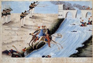 General Joseph (Jozef) Antoni Poniatowski (1763-1813) ertrinkt beim Versuch, die Elster in der Schlacht von Leipzig (Völkerschlacht) zu überqueren, um nicht von den Alliierten gefangen genommen zu werden, im Oktober 1813 von Spanish School