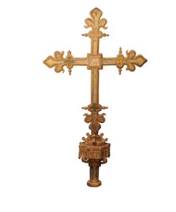 Vergoldetes und polychrom dekoriertes Prozessionskreuz, Spanien, ca. 1500 von Spanish School