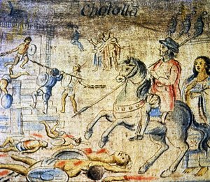 Hernan Cortes reitet über die Toten nach der Schlacht von Cholula, mit Dona Marina, seiner Geliebten und Dolmetscherin, die hinter ihm geht von Spanish School