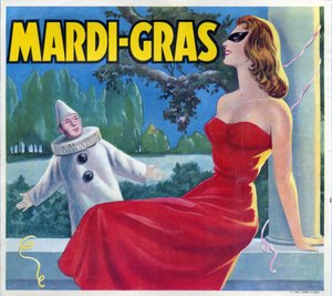 Illustration einer Mardi-Gras-Party (Mardi Gras) Verkleidung mit einem Pierrot und einer maskierten Frau. Werbung, Valencia, 20. Jahrhundert von Spanish School