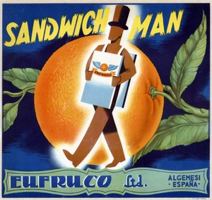 Illustration eines „Sandwich-Mannes“. Etikett für Orangen „Eufruco“, Valencia, 20. Jahrhundert. von Spanish School