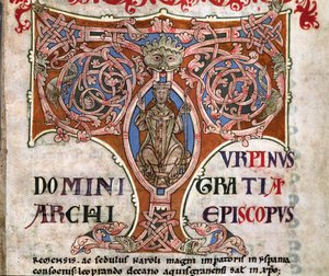 Initiale T mit einer Darstellung von Karl dem Großen, Illustration aus dem Codex Calixtinus, ca. 1140 von Spanish School