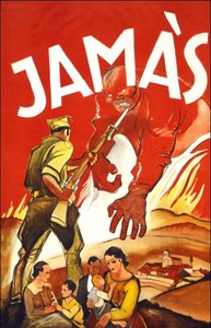 Jamás („Niemals“), Plakat veröffentlicht während des Spanischen Krieges, das einen Soldaten zeigt, der spanische Familien schützt. Zwischen 1936 und 1939 von Spanish School