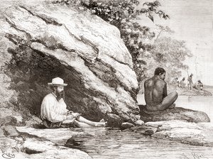 Jules Crevaux, während seiner Erkundung von Französisch-Guayana im Jahr 1878, im Schatten eines Felsens am Ufer des Oyapock- oder Oiapoque-Flusses von Spanish School