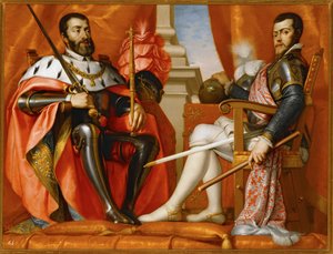Karl V. mit seinem Sohn Philipp II. von Spanish School