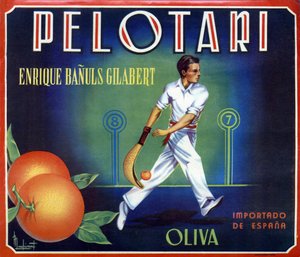 Etikett für Orangen „Pelotari“ produziert von Oliva in Valencia, Spanien. Illustration eines baskischen Ballspielers, 20. Jahrhundert von Spanish School