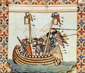 Die Kreuzfahrer auf dem Weg zur Belagerung einer Sarazenenfestung Detail einer Seite aus einem Manuskript des Liedes von der Heiligen Maria (Cantigas de Santa Maria), dekoriert mit Miniaturen, die der Heiligen Maria und ihren Wundern gewidmet sind, eine Sa