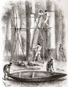 Einheimische Indianer bauen ein Kanu am Ufer des Oyapock oder Oiapoque Flusses, Südamerika (Gravur)