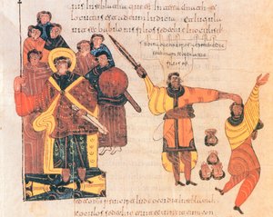 Nebukadnezar befiehlt, die Söhne des Rebellen Zedekia zu töten, fol.289v., aus der westgotisch-mozarabischen Bibel von St. Isidor, 960 n. Chr.