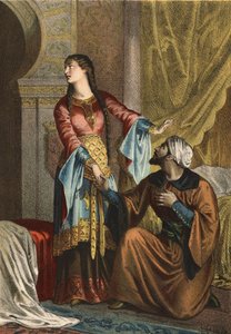 Omar, muslimischer Prinz, macht Sancha Ona, Gräfin von Kastilien, eine Liebeserklärung. In „El Culto de la Hermosura“ von Juan Justo Huguet, Molinas Hermanos editores