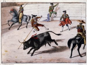Stabhochsprung, Stierkampf in Spanien, spanische Lithographie, 19. Jahrhundert