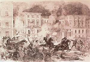 Volksaufstände in Madrid, die Aufständischen versuchen, den Palast von Königin Maria Christina im Jahr 1854 in Brand zu setzen