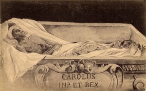 Postkarte der Mumie von Karl V. im Escorial, Madrid (Lithographie) von Spanish School