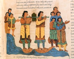 Priester tragen die Bundeslade über den Jordan, Exodus 16:6, aus der Westgotisch-Mozarabischen Bibel von St. Isidores, fol.90r., 960 n. Chr. (Tempera auf Pergament)