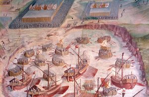Regatta spanischer Galeonen während einer Expedition zu den Azoren im Jahr 1582 unter Philipp II., König von Spanien. Fresko des 16. Jahrhunderts. Schlachtensaal, Palast des Escorial, Madrid