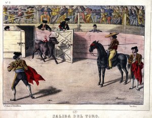 Freilassung des Stiers, Stierkampf in Spanien (Lithographie, 19. Jahrhundert)