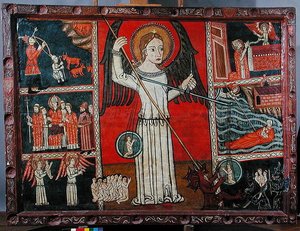 Der heilige Michael besiegt den Teufel, dargestellt als Drache, und wiegt Seelen in einer Waage