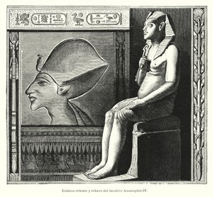 Sitzende Statue und Relief des altägyptischen Pharaos Echnaton (Amenophis IV.) von Spanish School