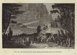 Bühnenbild der Oper Moses, beleuchtet durch elektrisches Licht von Spanish School