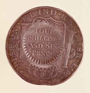 Silbermünze (8 Reales) aus Spanien: Herrschaft von Karl III (1759-1788) 1777 mit Gegenstempel von 1787. Neapel, Museo Archeologico von Spanish School