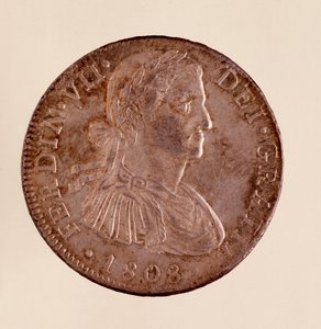Silbermünze (8 Reales) aus Spanien: Herrschaft von Ferdinand VII. (1808-1833). 1808 Durchmesser 3,9 cm Neapel, Archäologisches Museum von Spanish School