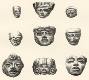 Steinköpfe und Masken, gefunden in Teotihuacan, Mexiko von Desiré Charnay während seiner Expedition 1880-1883 von Spanish School