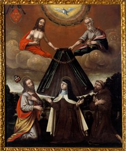 Die Heilige Dreifaltigkeit hält den Mantel der Heiligen Teresa von Ávila von Spanish School