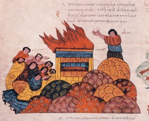 Der Prophet Elias betet auf dem Berg Karmel, dass der Gott Israels vor den Priestern Baals gerechtfertigt wird, und Feuer fällt vom Himmel (I Könige 18), fol.145v., aus der Westgotisch-Mozarabischen Bibel von St. Isidores, 960 n. Chr. (Tempera auf Pergamen von Spanish School