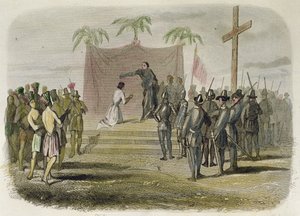Die Taufe des Königs der Insel Cebu und fünfhundert anderer Indianer durch Mitglieder der Magellan-Expedition am 14. April von Spanish School