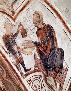 Der Zyklus der Monate: Pontius Pilatus wäscht seine Hände. Detail eines Freskos aus dem 12. Jahrhundert im Königlichen Pantheon der Real Colegiata von San Isidoro