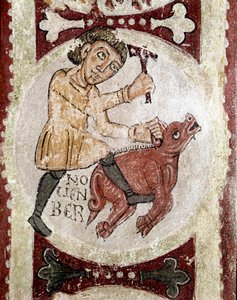 Der Zyklus der Monate: November (Schweineschlachtung). Detail eines Freskos aus dem 12. Jahrhundert im Königlichen Pantheon der Real Colegiata von San Isidoro